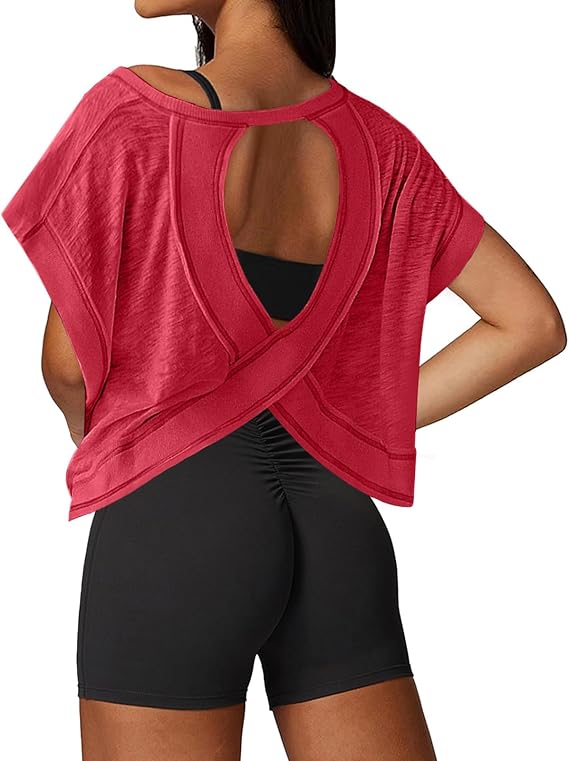 Open Back Workout Tops for Women Loose Fit Athletic Crop Tee Short Sleeve Gym Running Yoga Shirt